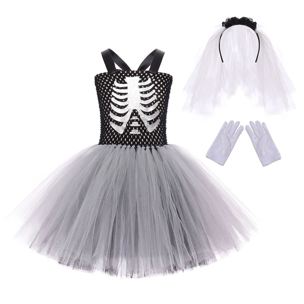 Costumi da terrore di Halloween per ragazze Abiti spaventosi da fantasma bianco nero Vestito da tutù fantasia scheletro di Halloween per bambini