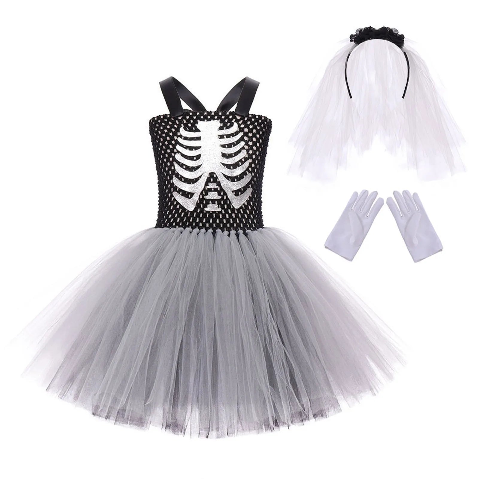 Costumi da terrore di Halloween per ragazze Abiti spaventosi da fantasma bianco nero Vestito da tutù fantasia scheletro di Halloween per bambini