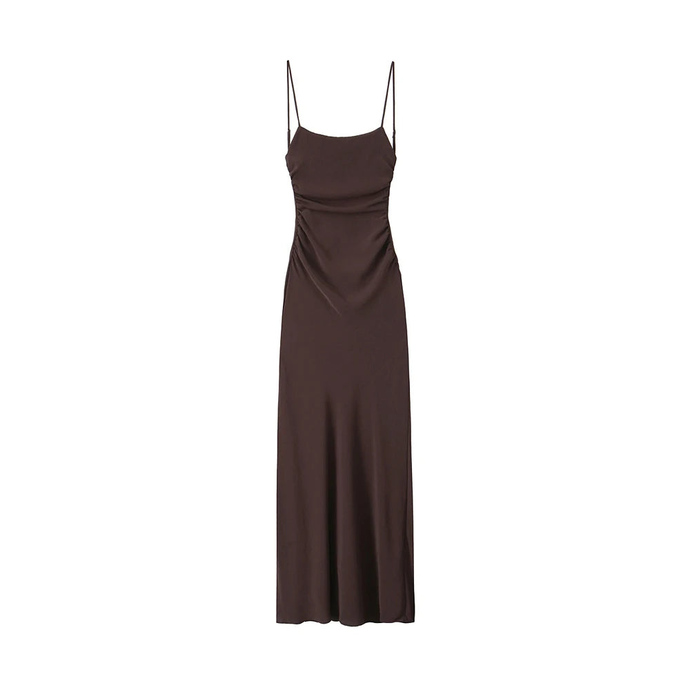 Abito midi drappeggiato da donna, collo dritto, spalline sottili, abiti femminili senza schienale, moda chic