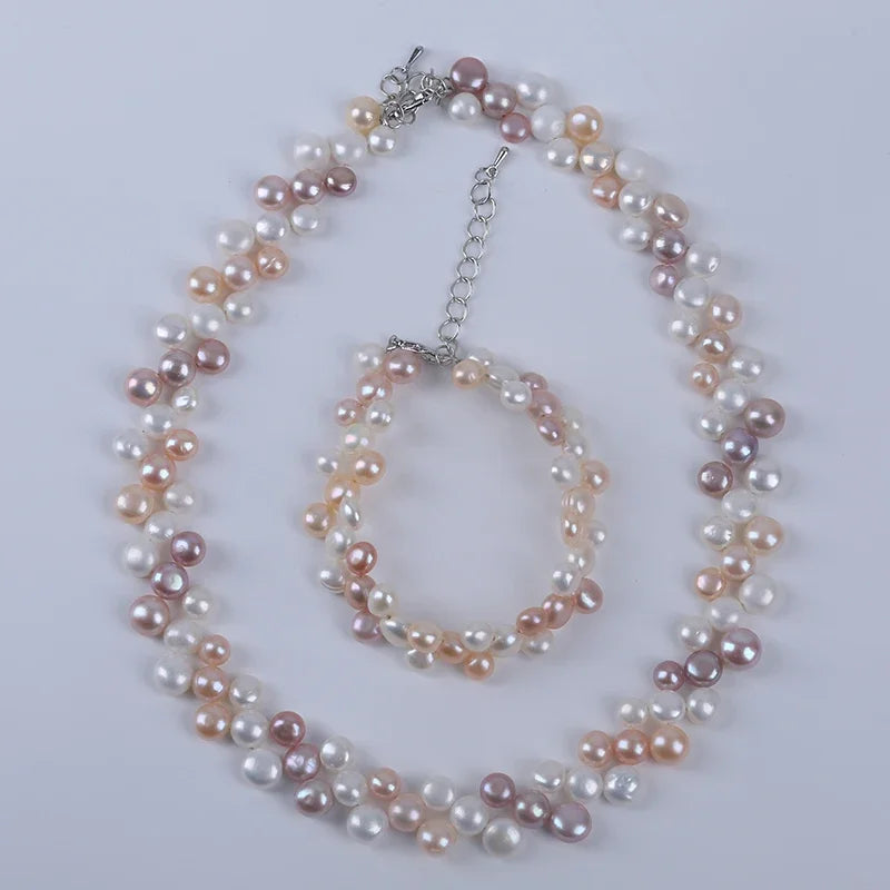 Bellissimi tre file 6-7-8mm bottone perle naturali coltivate perle d'acqua dolce collana braccialetto set regali set di gioielli di perle