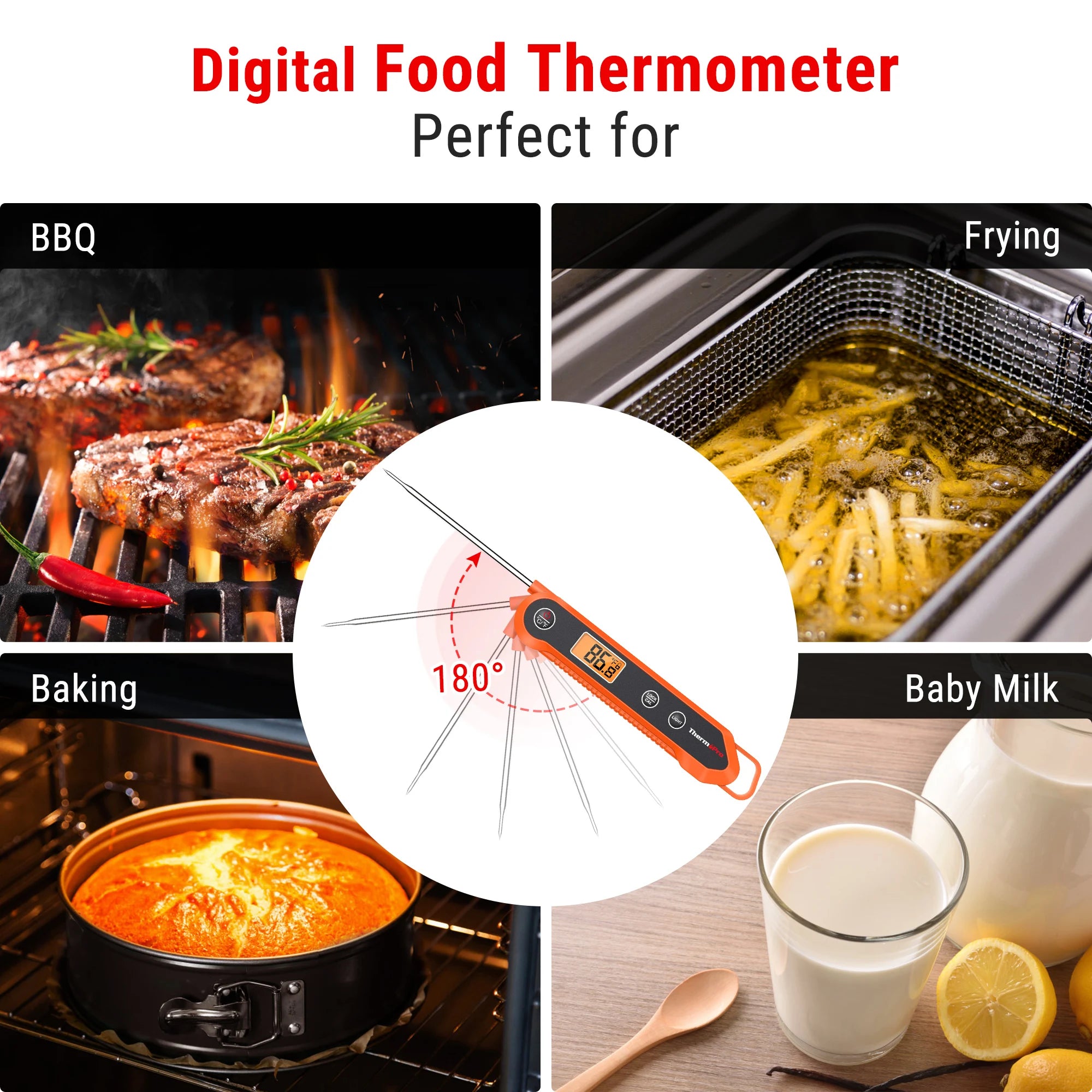 ThermoPro TP03H Termometro per carne da cucina pieghevole per barbecue con retroilluminazione digitale con funzione di blocco