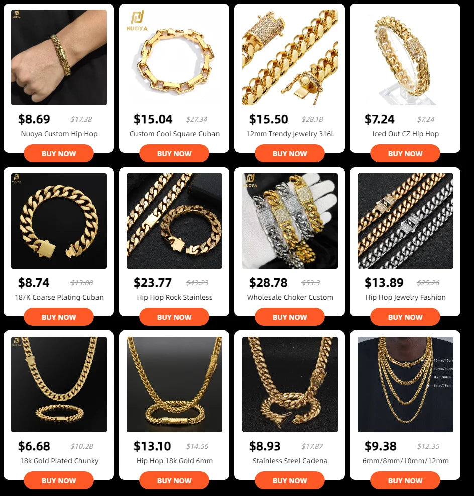 Braccialetti cubani in acciaio inossidabile placcato oro 6mm-14mm18k Braccialetti a catena a maglia cubana per gioielli Hiphop