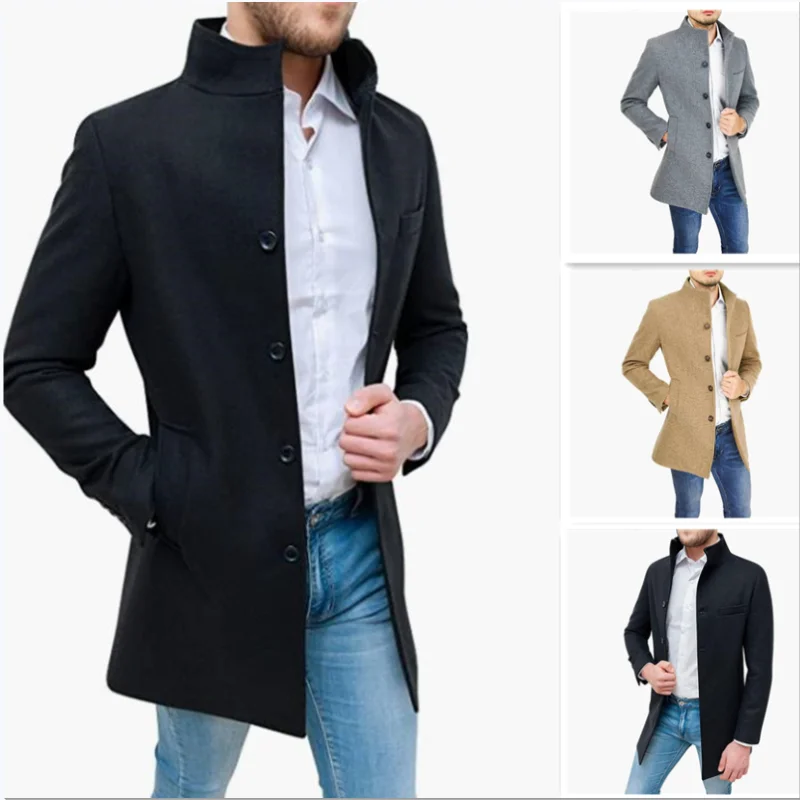 Giacche eleganti Uomo monopetto Janket da uomo in misto lana tinta unita Trench di media lunghezza Cappotto lungo da uomo