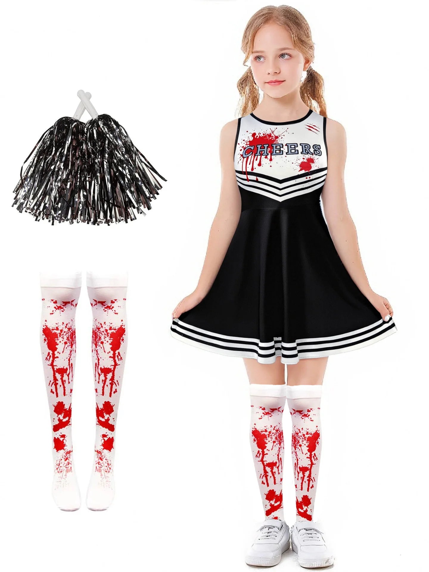 Costumi per feste di Halloween Abbigliamento cosplay sangue spaventoso Bambini Ragazze Stampa digitale Cheerleader Abito per bambini Abito con fiori a mano