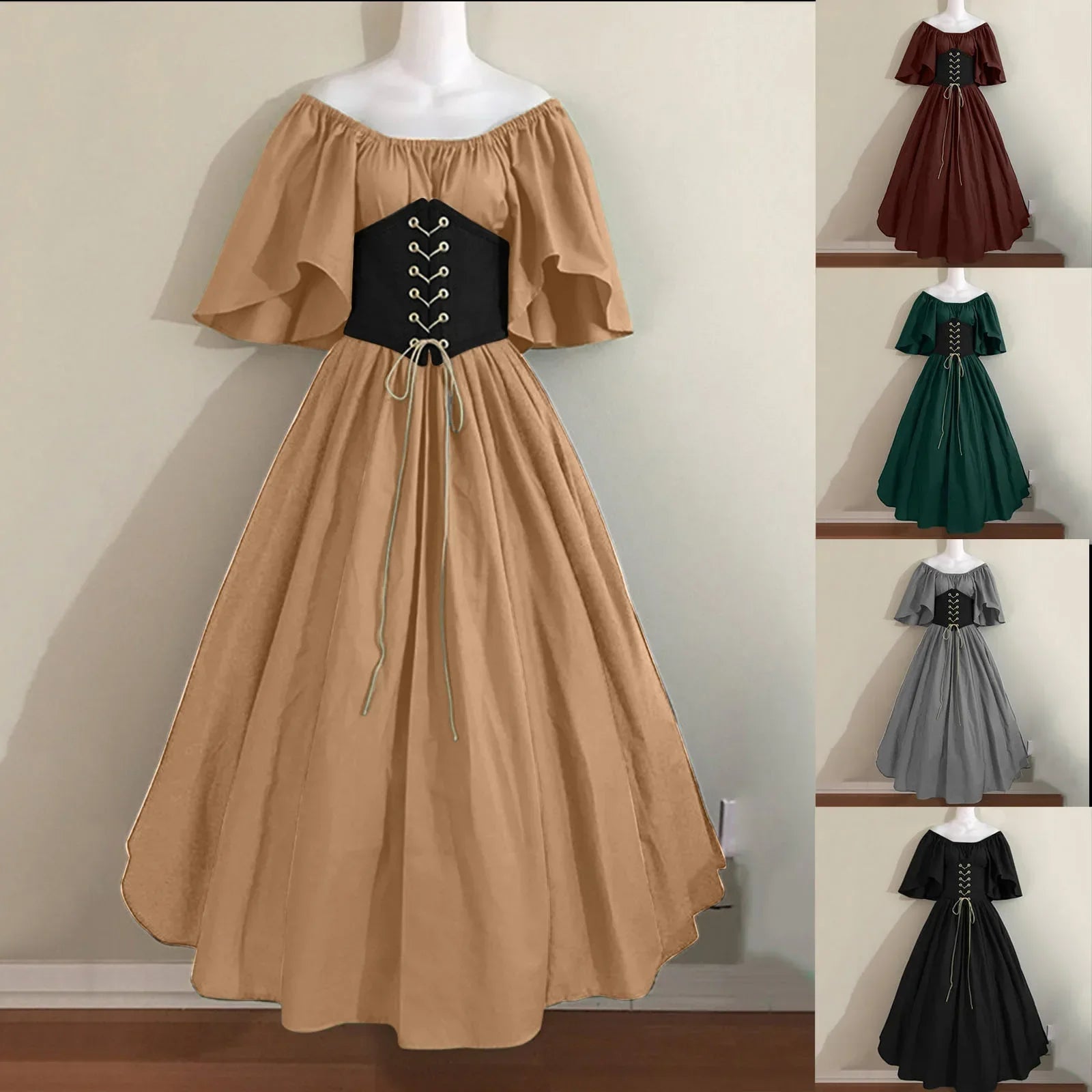 Costumi di Halloween per donna Abito scampanato sottile con colori a contrasto retrò medievale Abito con spalla con una sola parola Love Live Cosplay