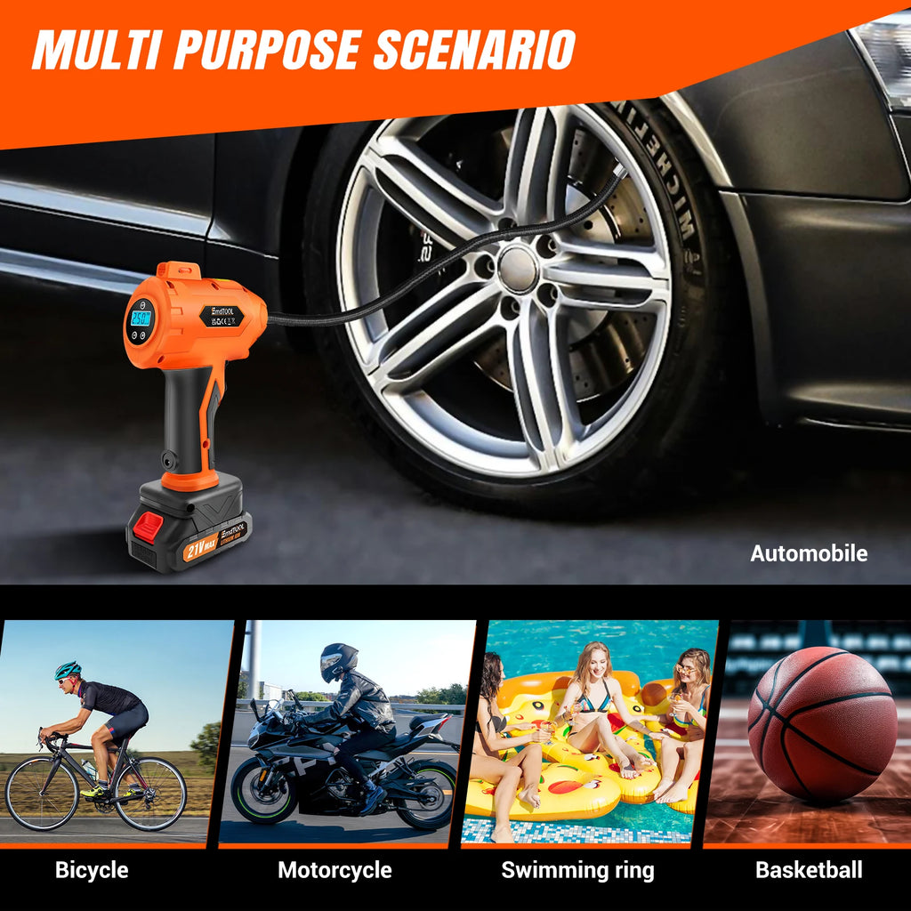 Gonfiatore per pneumatici senza fili Compressore d'aria Pompa per pneumatici per auto alimentata a batteria con manometro digitale e luce a LED per auto, moto, bici