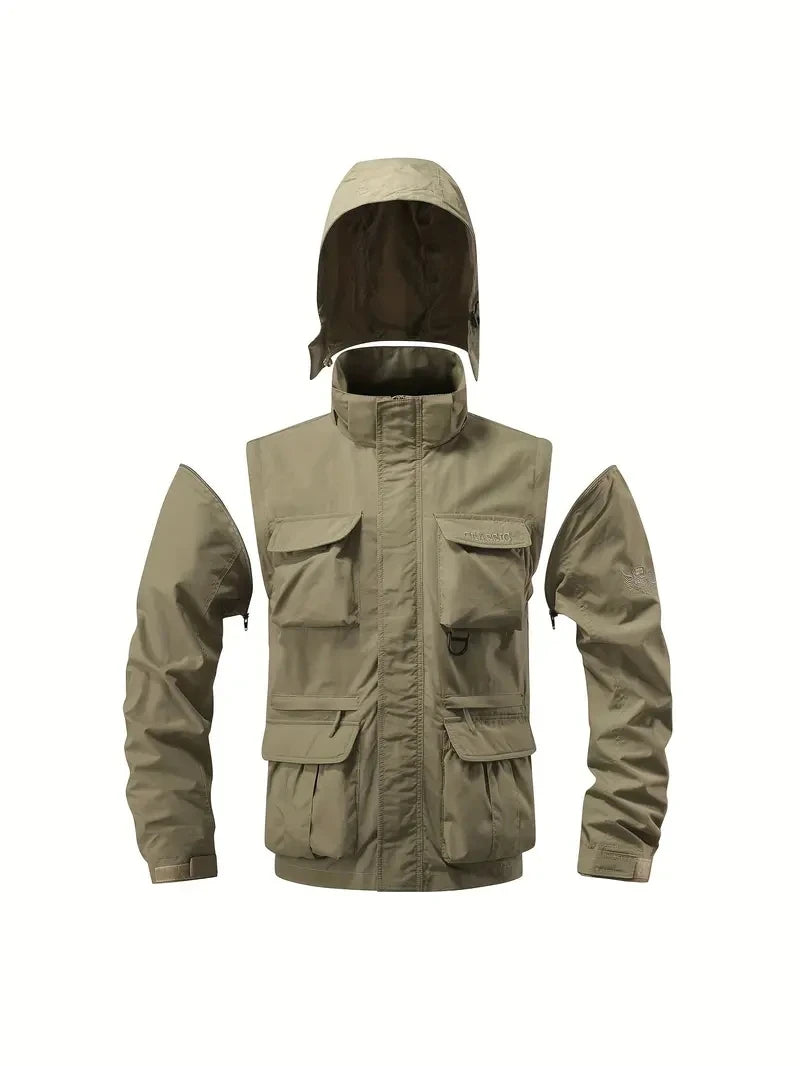 Giacca con cappuccio staccabile con maniche antivento adatta per attività all'aperto gilet multitasche impermeabile casual da uomo