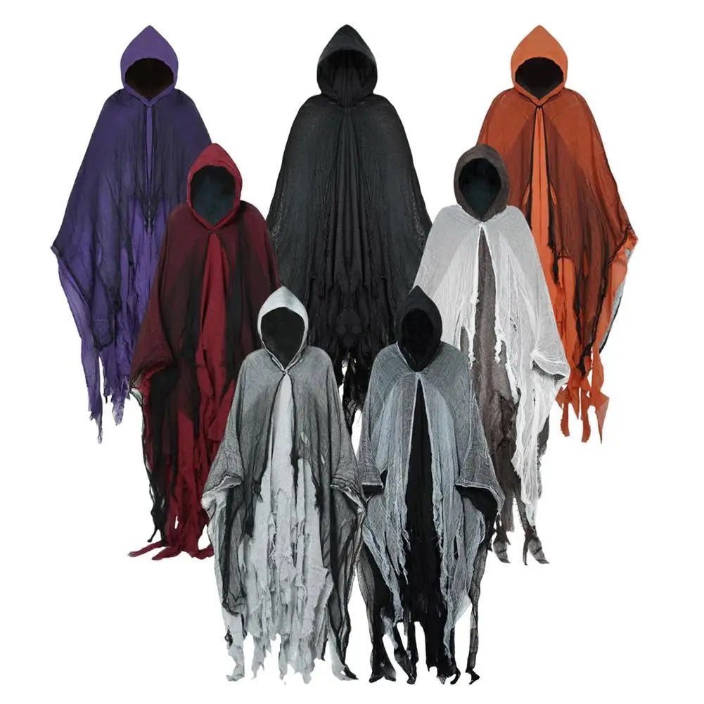 Costumi di Halloween per adulti, mantello da fantasma spaventoso con cappuccio, vestito cosplay da mantello da strega zombie Grim Reaper per la parte di Halloween