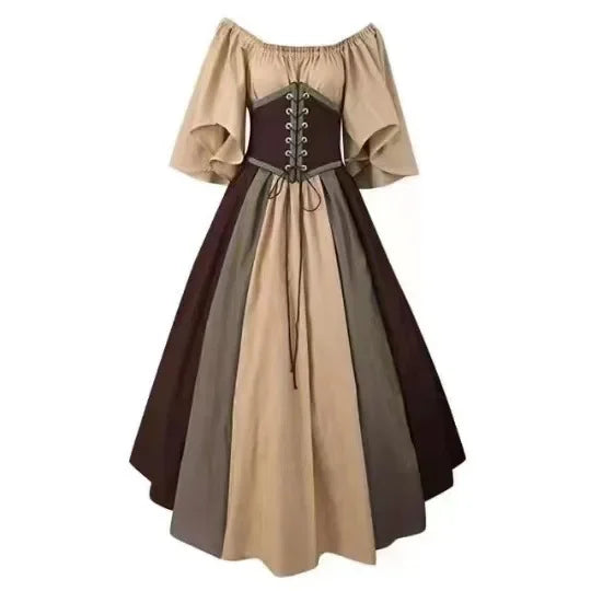 Costumi di Halloween per donna Abito scampanato sottile con colori a contrasto retrò medievale Abito con spalla con una sola parola Love Live Cosplay