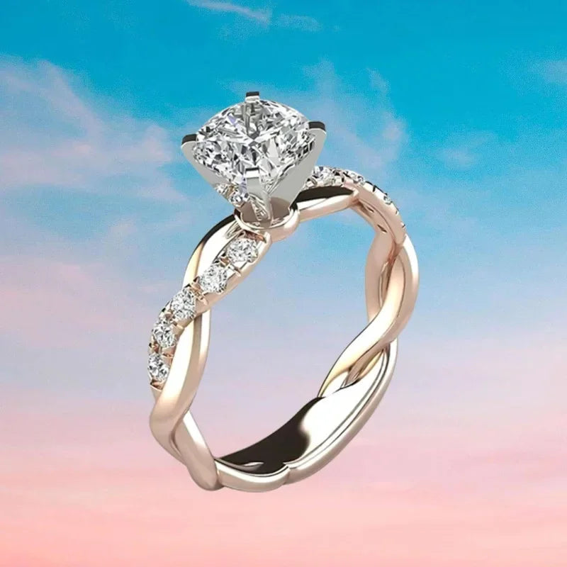 Nuovi gioielli europei americani Anello con diamanti quadrati principessa bicolore con anelli di diamanti intarsiati con motivo intrecciato a croce
