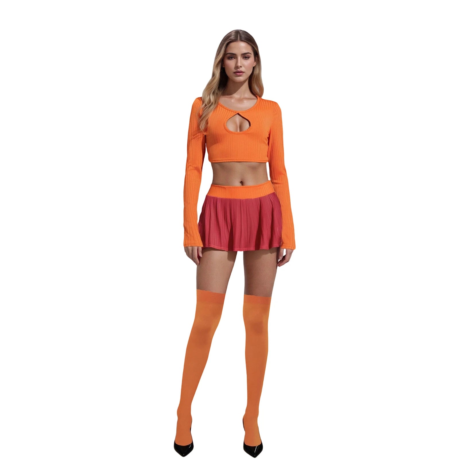 Costume cosplay di Halloween per donna Top corto arancione a maniche lunghe e minigonne a pieghe con calza Clubwear per feste
