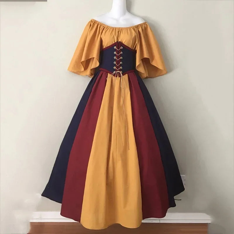 Costumi di Halloween per donna Abito scampanato sottile con colori a contrasto retrò medievale Abito con spalla con una sola parola Love Live Cosplay