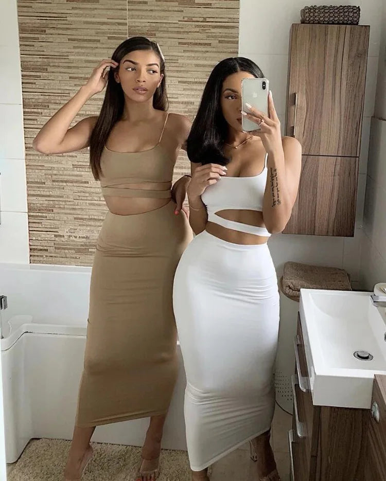 Le donne vestono abiti lunghi eleganti abito da notte per feste abiti da donna abbigliamento femminile abito a due pezzi scavato a pieghe Sexy