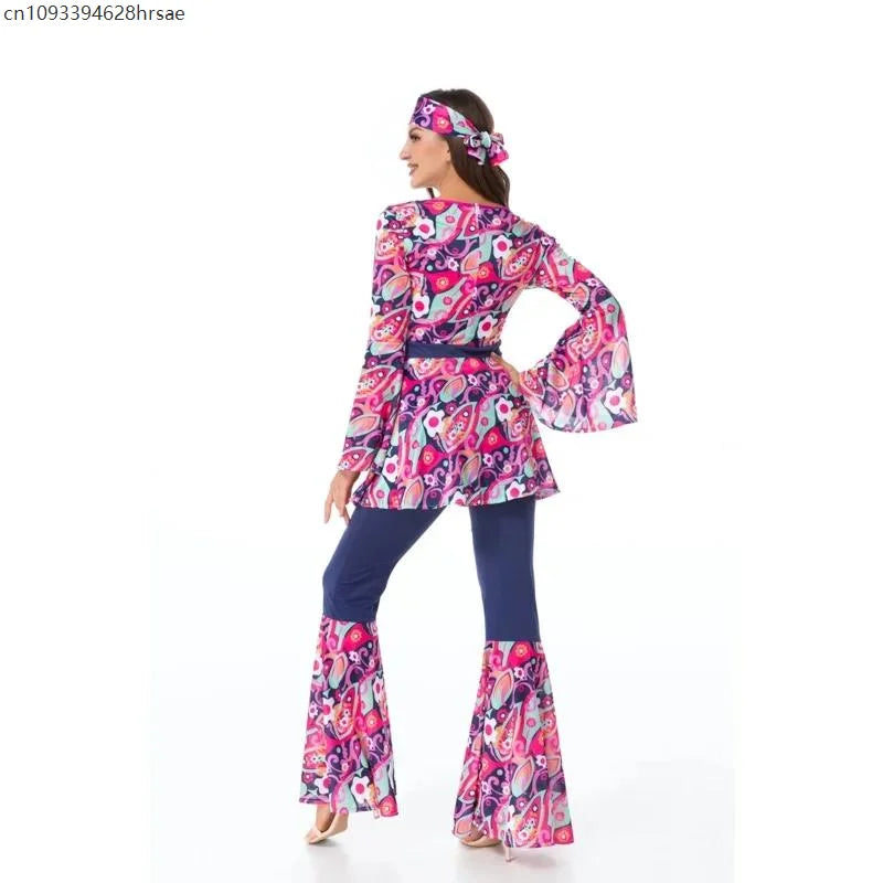 Costume di Halloween anni '70 anni '80 Retro Hippie Go Go Girl Disco Donna Uomo Coppia Viola Fancy Dress Party Amante della pace Hippie Performance