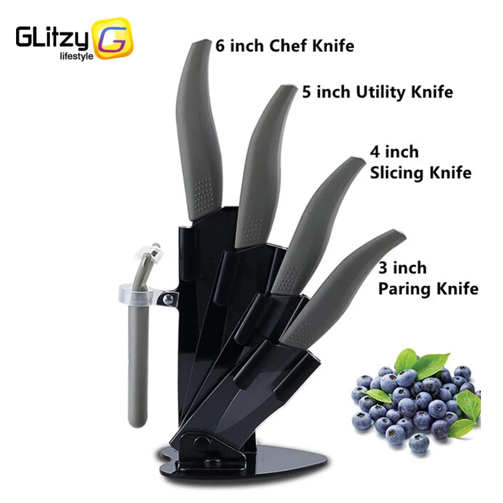 Set di coltelli in ceramica per unità da cucina 3 4 5 6 pollici Utilità per affettare frutta Pelapatate con guaina Lama in zirconia nera Coltello da chef per pane