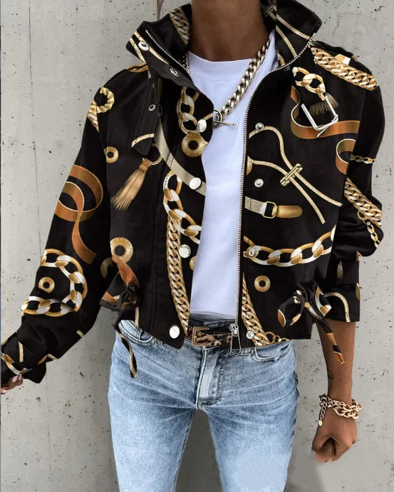 Giacche Cappotti da donna Cappotto con colletto alla coreana Stampa con cerniera Y2k Top Streetwear Capispalla casual Giacca da lavoro primaverile monopetto