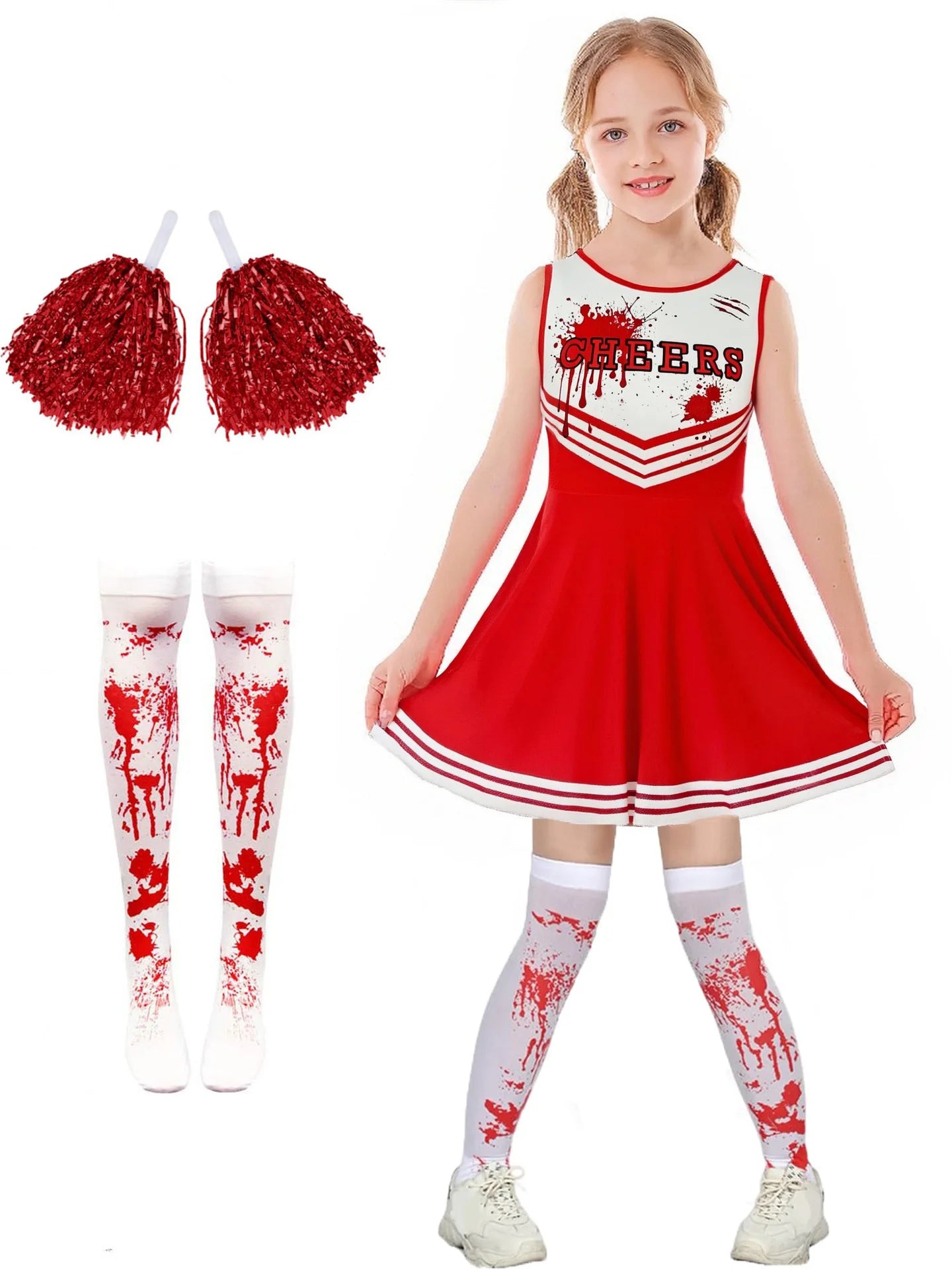 Costumi per feste di Halloween Abbigliamento cosplay sangue spaventoso Bambini Ragazze Stampa digitale Cheerleader Abito per bambini Abito con fiori a mano