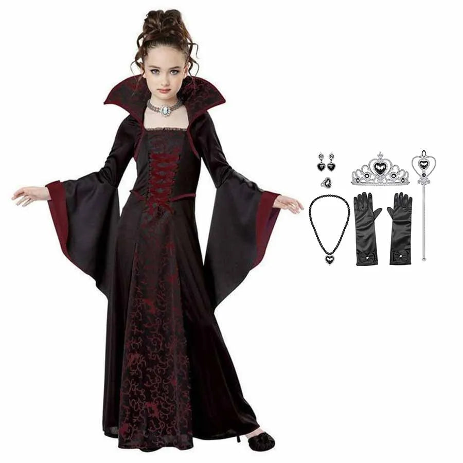 Costume di Halloween per bambini Costume da vampiro fantasy di Halloween Vestito lungo da tutu per ragazze Vestito da carnevale per bambini Abiti di piume gotiche