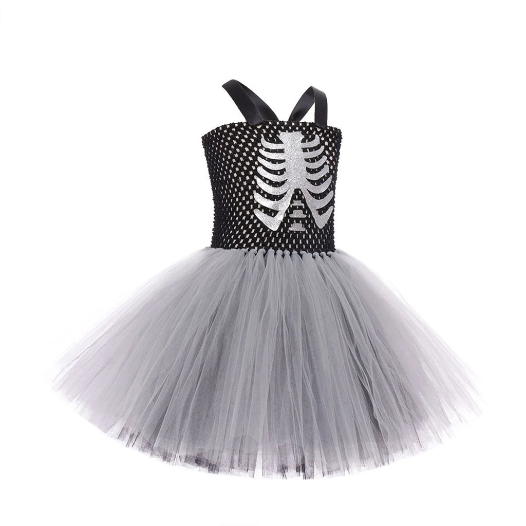 Costumi da terrore di Halloween per ragazze Abiti spaventosi da fantasma bianco nero Vestito da tutù fantasia scheletro di Halloween per bambini