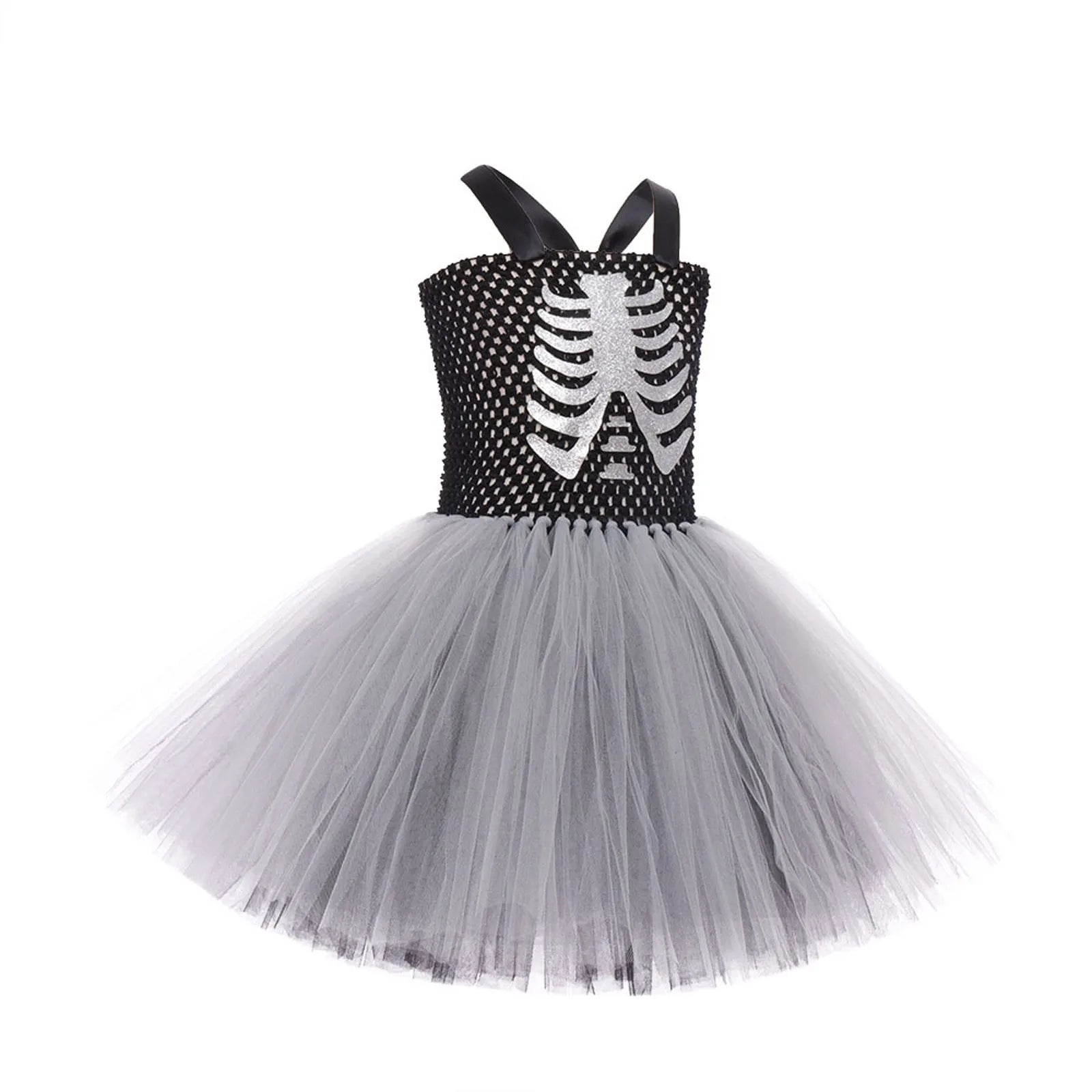 Costumi da terrore di Halloween per ragazze Abiti spaventosi da fantasma bianco nero Vestito da tutù fantasia scheletro di Halloween per bambini