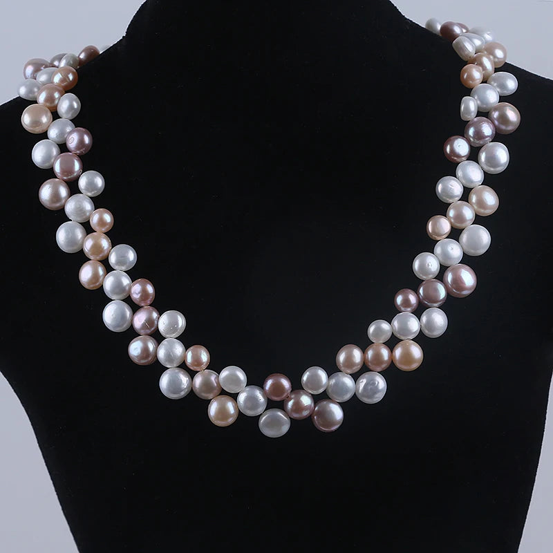 Bellissimi tre file 6-7-8mm bottone perle naturali coltivate perle d'acqua dolce collana braccialetto set regali set di gioielli di perle