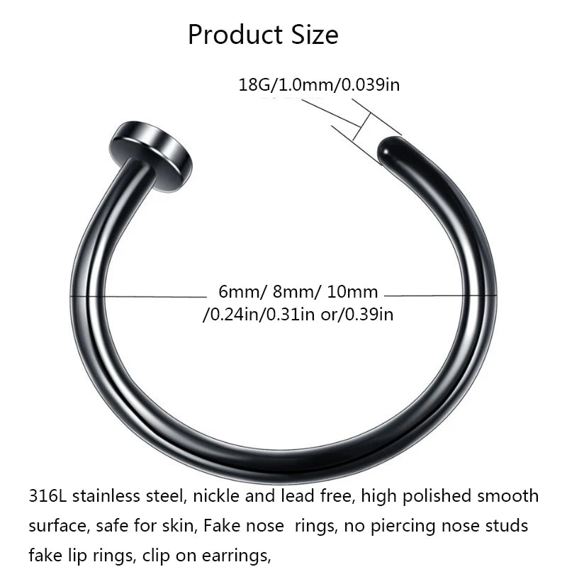2/6 pezzi anelli da naso finti per le donne, anelli per labbra in acciaio inossidabile 316L anello labret narice cerchio piercing borchie gioielli penetranti al naso