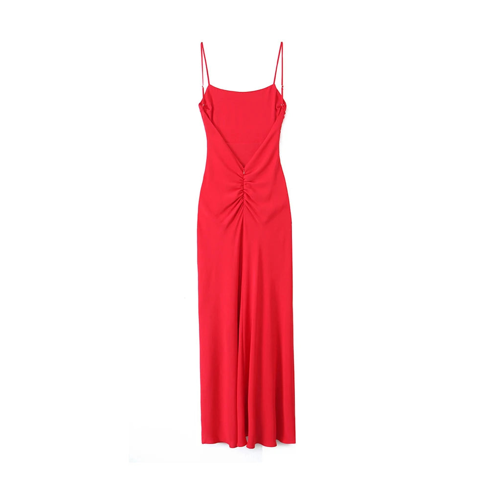 Abito midi drappeggiato da donna, collo dritto, spalline sottili, abiti femminili senza schienale, moda chic
