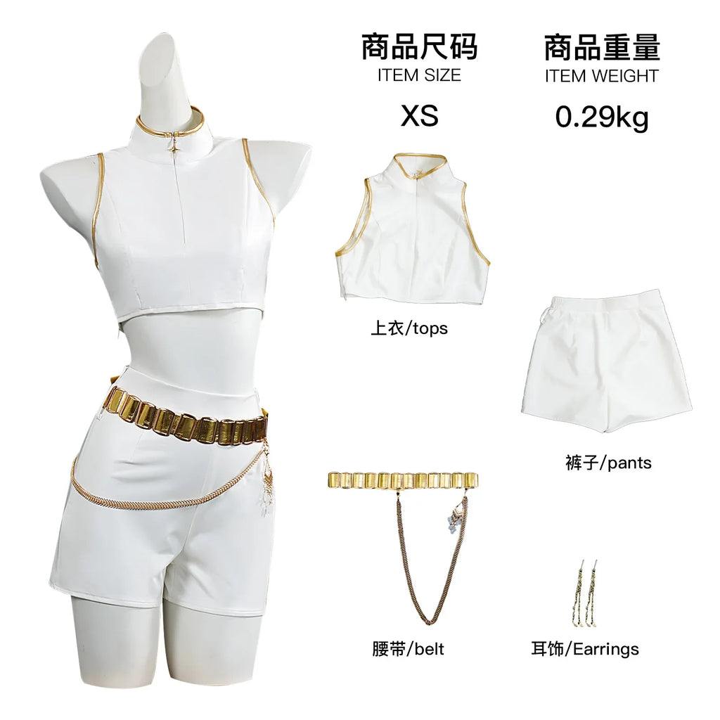 Costume cosplay di Halloween per adulti, chemise blanche, col alto, canotta corte, corto, ceinture dorée, tenue d'halloween