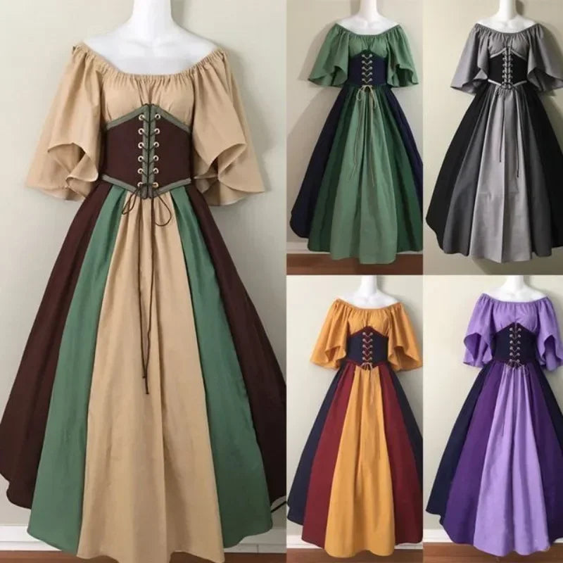 Costumi di Halloween per donna Abito scampanato sottile con colori a contrasto retrò medievale Abito con spalla con una sola parola Love Live Cosplay