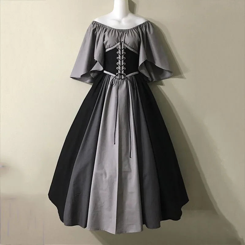 Costumi di Halloween per donna Abito scampanato sottile con colori a contrasto retrò medievale Abito con spalla con una sola parola Love Live Cosplay