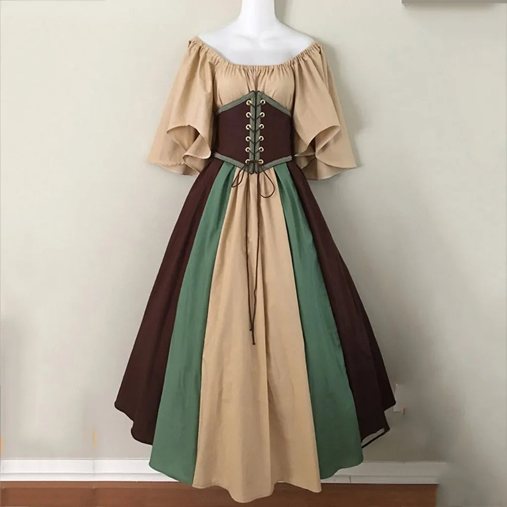 Costumi di Halloween per donna Abito scampanato sottile con colori a contrasto retrò medievale Abito con spalla con una sola parola Love Live Cosplay