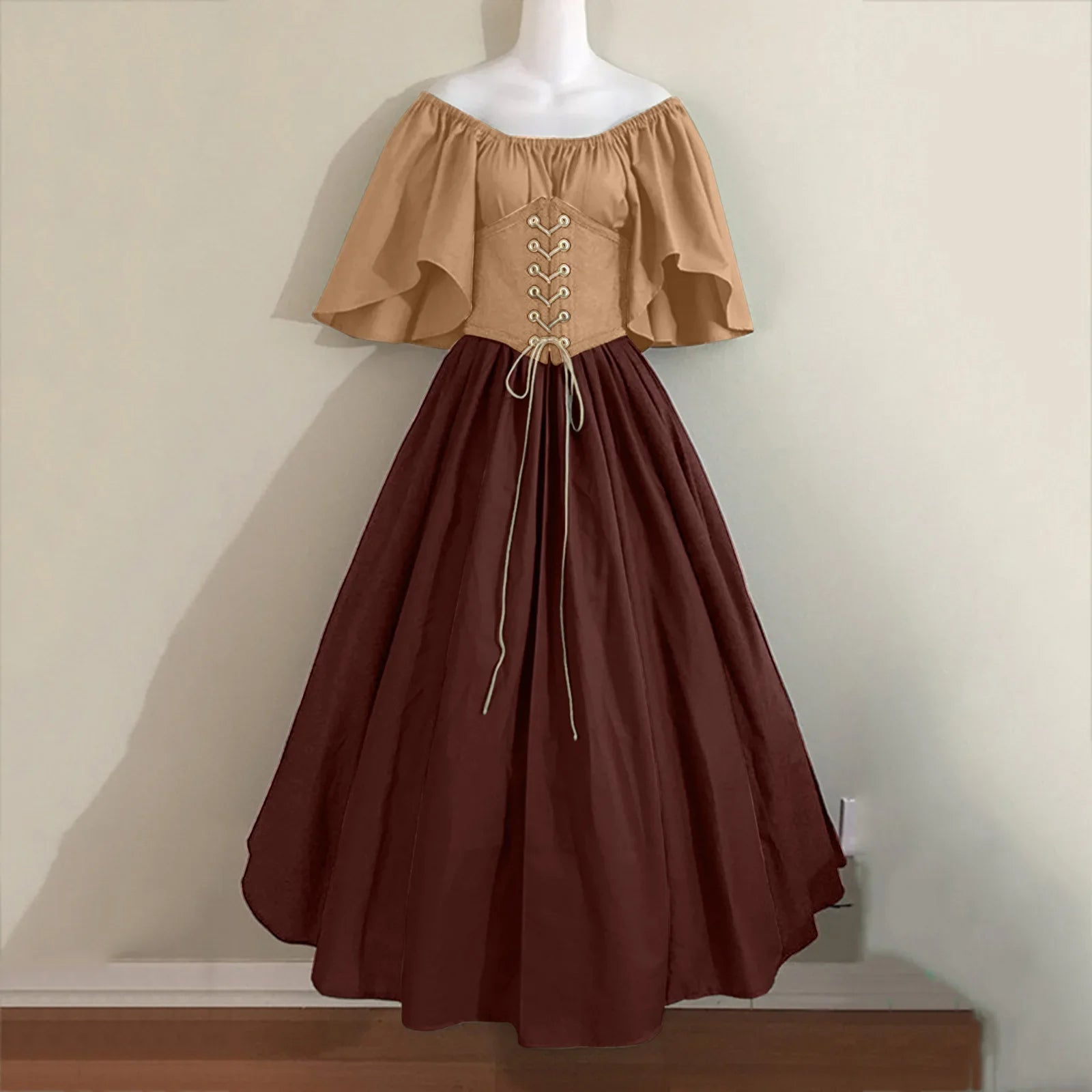 Costumi di Halloween per donna Abito scampanato sottile con colori a contrasto retrò medievale Abito con spalla con una sola parola Love Live Cosplay