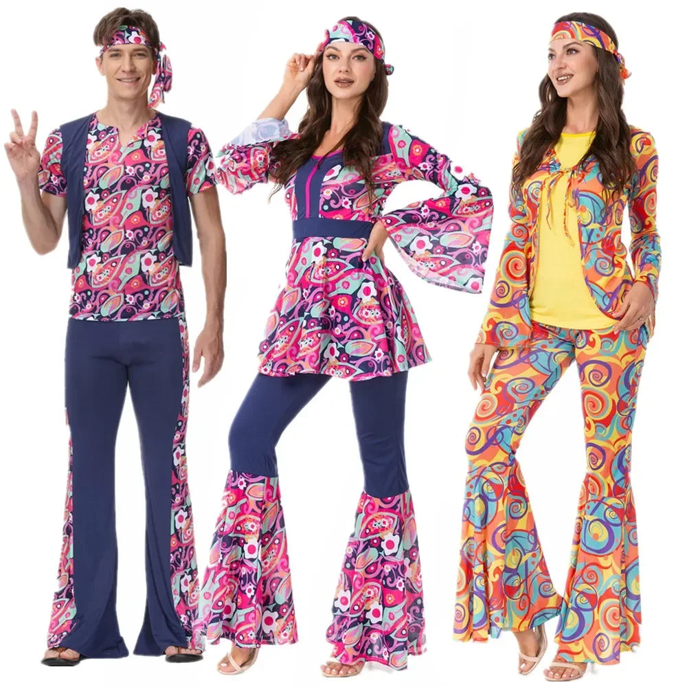 Costumi di Halloween Uomo Donna Retro anni '80 Costume hippie Disco Hip-Hop Coppie Cosplay Festa di carnevale Fancy Dress Up per adulti