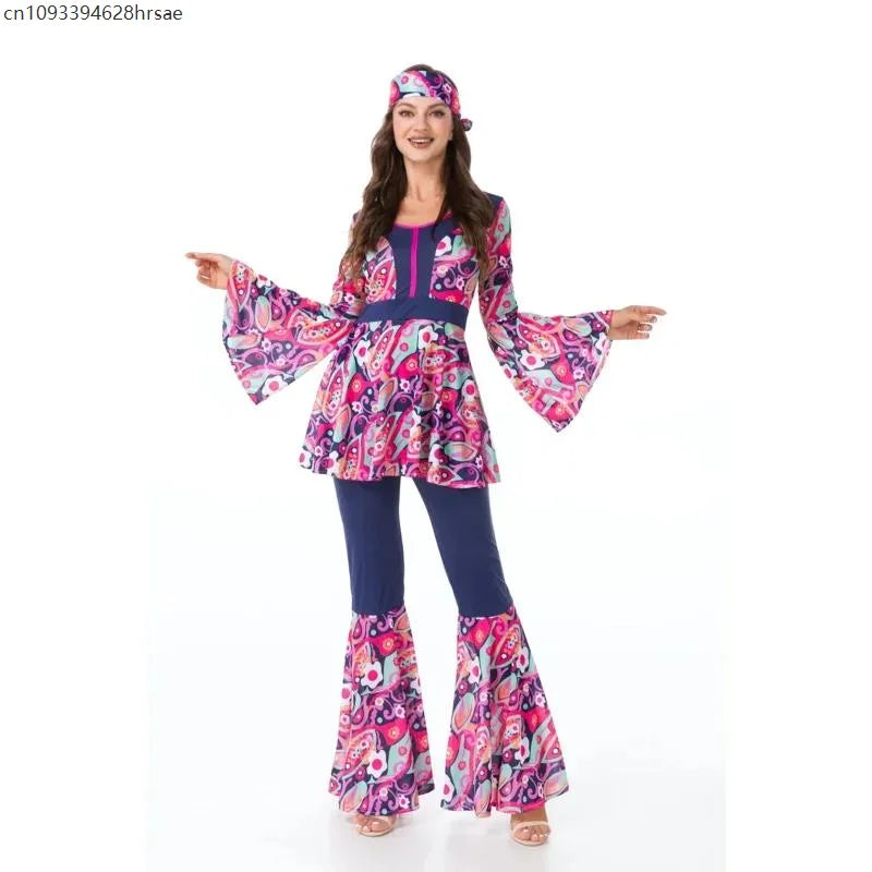 Costume di Halloween anni '70 anni '80 Retro Hippie Go Go Girl Disco Donna Uomo Coppia Viola Fancy Dress Party Amante della pace Hippie Performance