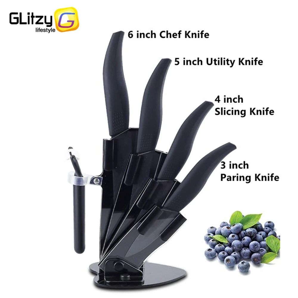 Set di coltelli in ceramica per unità da cucina 3 4 5 6 pollici Utilità per affettare frutta Pelapatate con guaina Lama in zirconia nera Coltello da chef per pane