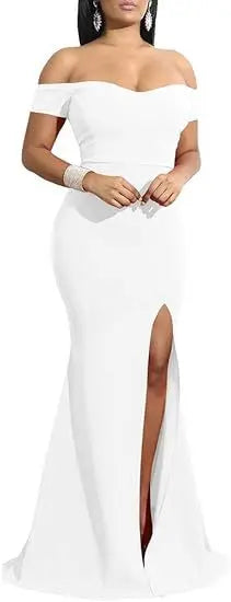Abiti da sera فساتmaveramaveraة Abito da sera lungo formale con spacco alto e spalle scoperte da donna elegante