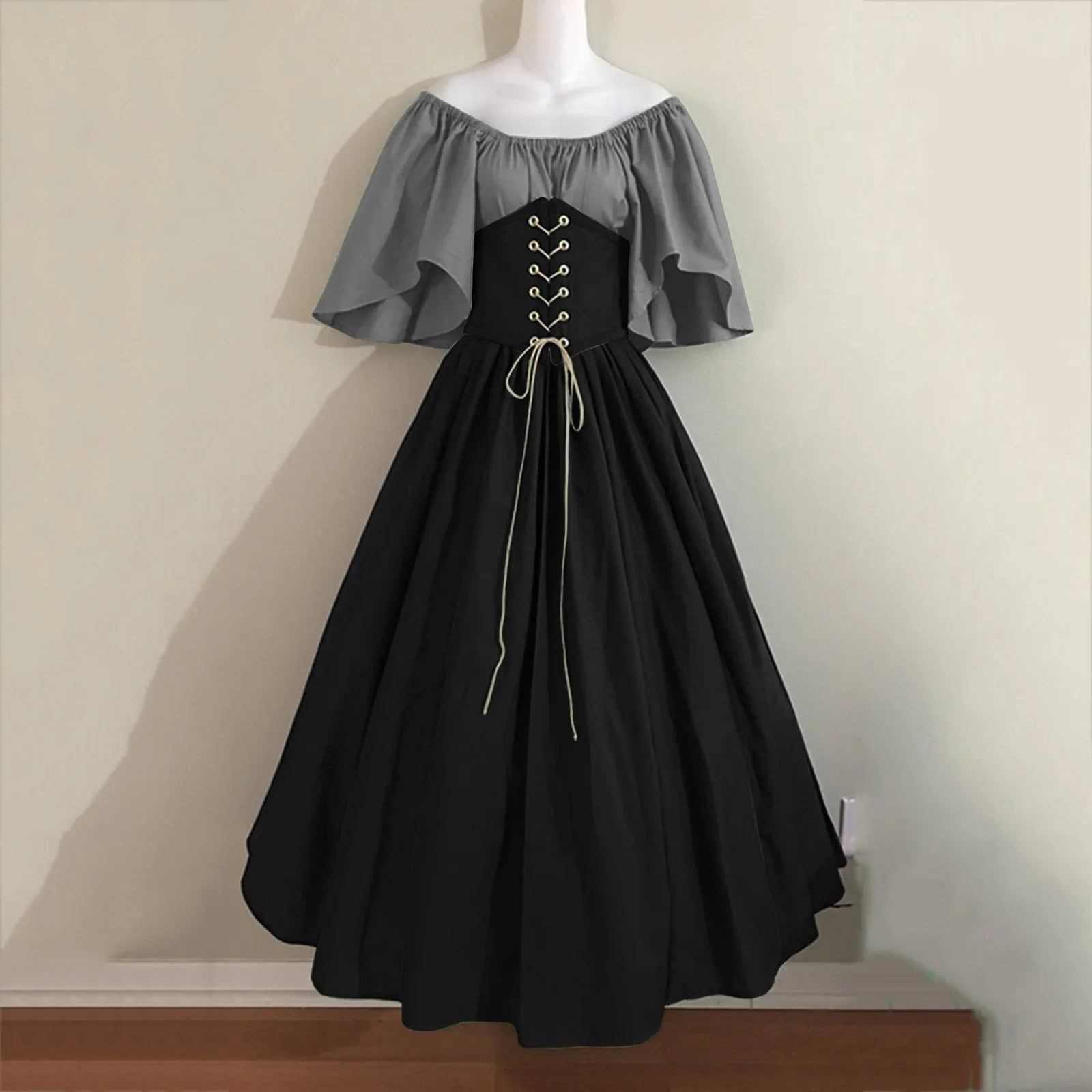 Costumi di Halloween per donna Abito scampanato sottile con colori a contrasto retrò medievale Abito con spalla con una sola parola Love Live Cosplay