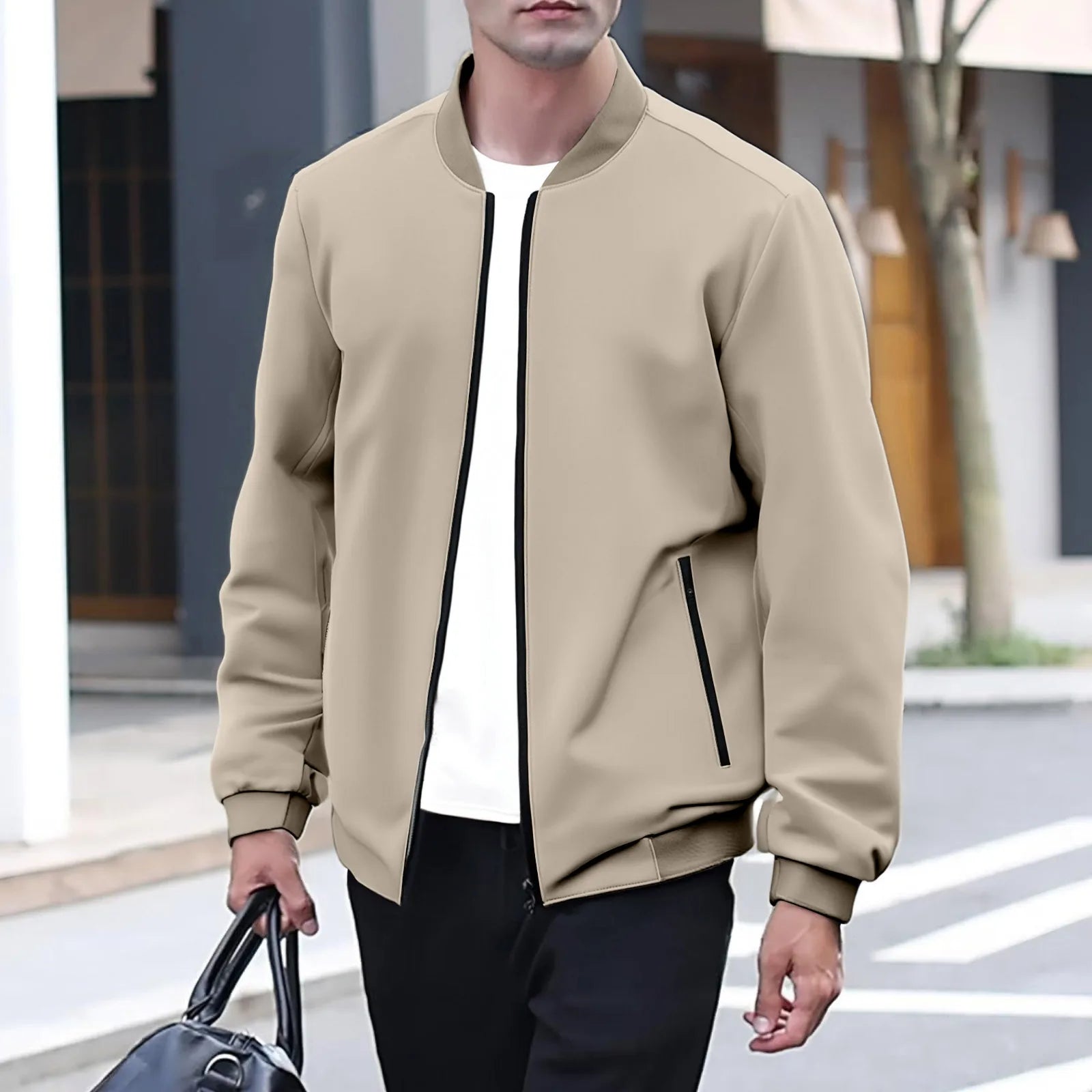 Giacca da baseball da uomo Giacca Top con orlo in colore a contrasto Design semplice Colletto da baseball Stile Abbigliamento quotidiano Primavera Autunno All-Match Basic