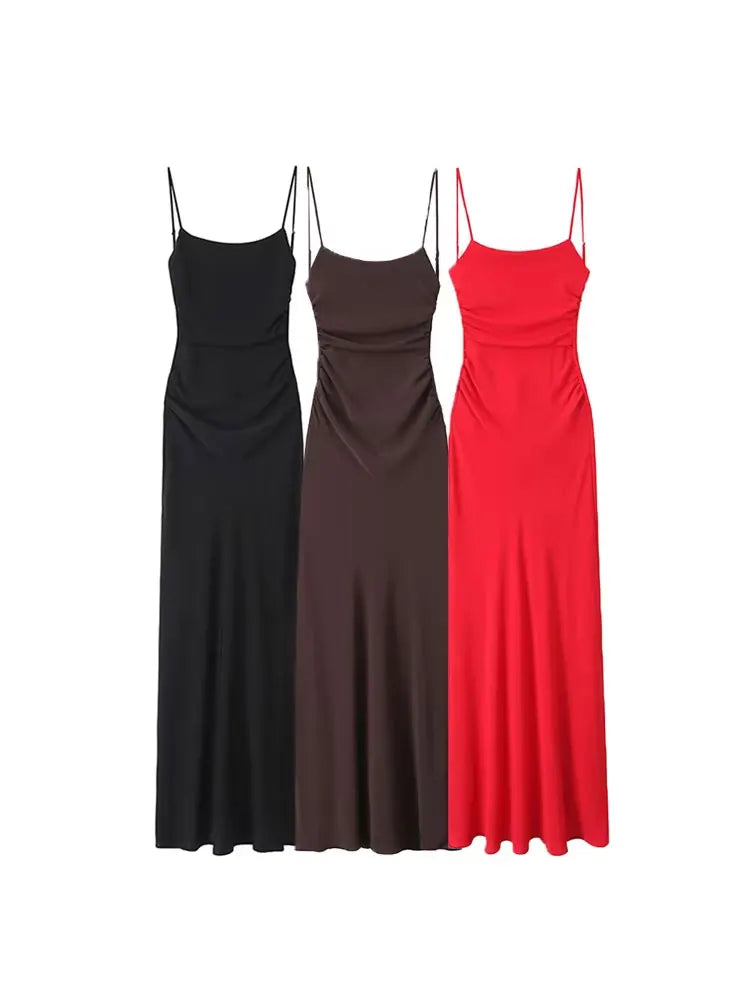 Abito midi drappeggiato da donna, collo dritto, spalline sottili, abiti femminili senza schienale, moda chic