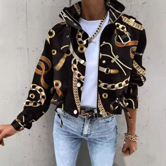 Giacche Cappotti da donna Cappotto con colletto alla coreana Stampa con cerniera Y2k Top Streetwear Capispalla casual Giacca da lavoro primaverile monopetto