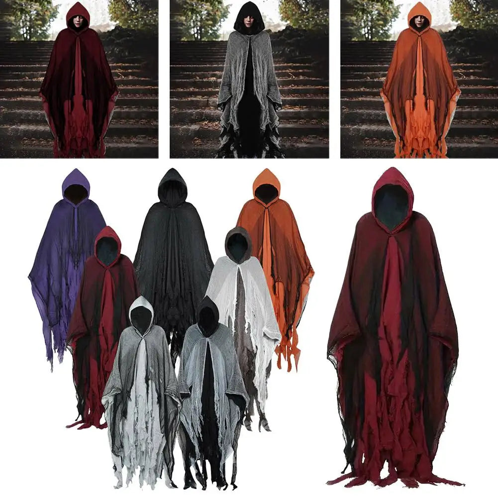 Costumi di Halloween per adulti, mantello da fantasma spaventoso con cappuccio, vestito cosplay da mantello da strega zombie Grim Reaper per la parte di Halloween