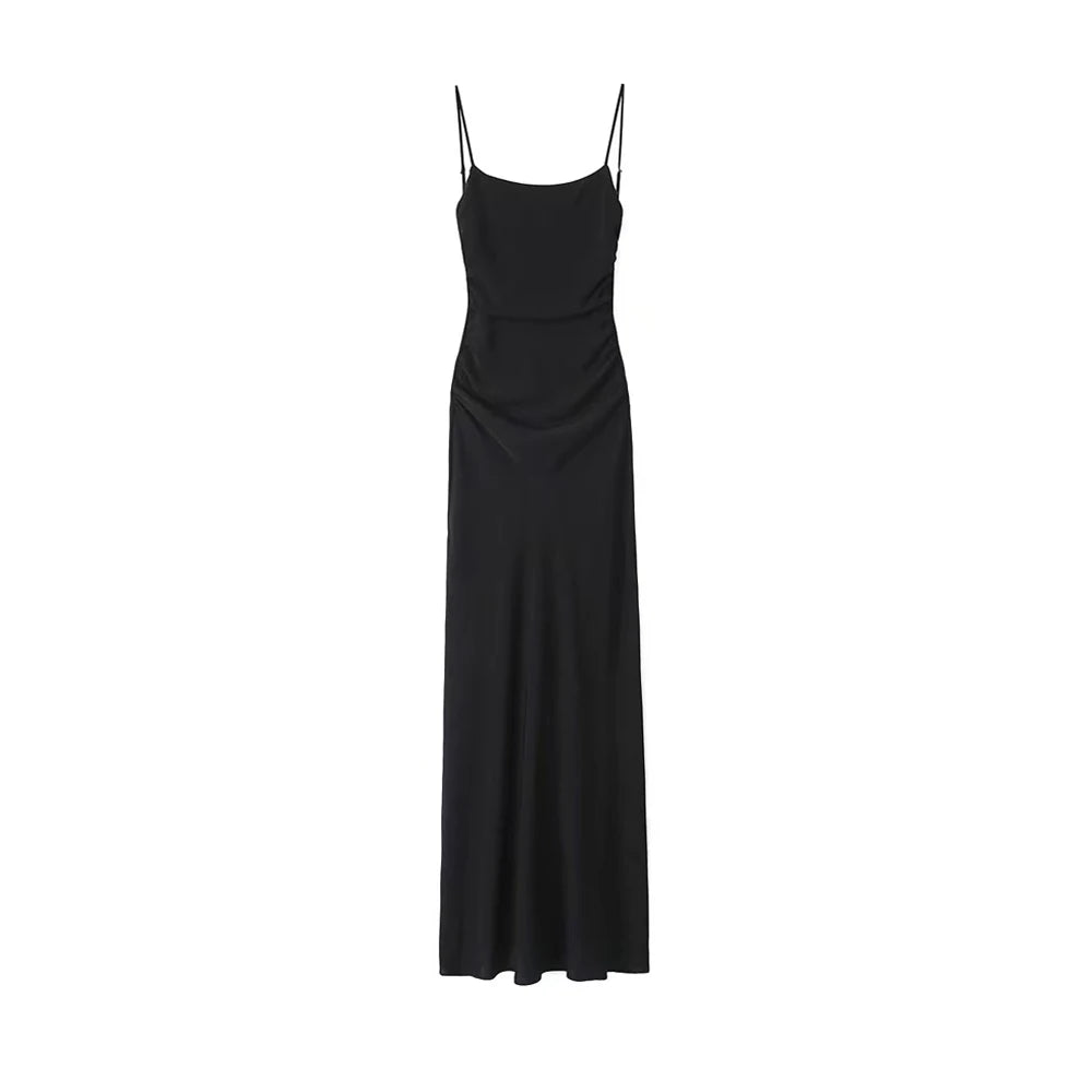 Abito midi drappeggiato da donna, collo dritto, spalline sottili, abiti femminili senza schienale, moda chic