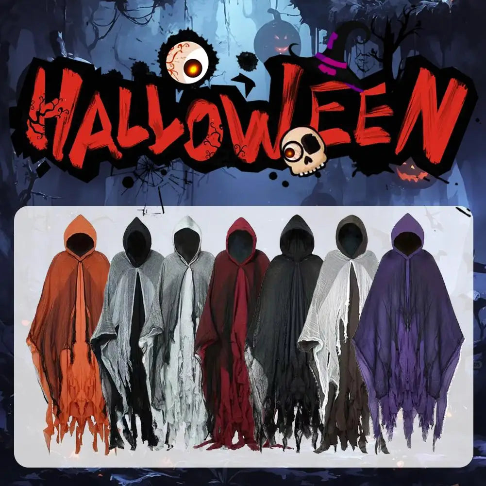 Costumi di Halloween per adulti, mantello da fantasma spaventoso con cappuccio, vestito cosplay da mantello da strega zombie Grim Reaper per la parte di Halloween