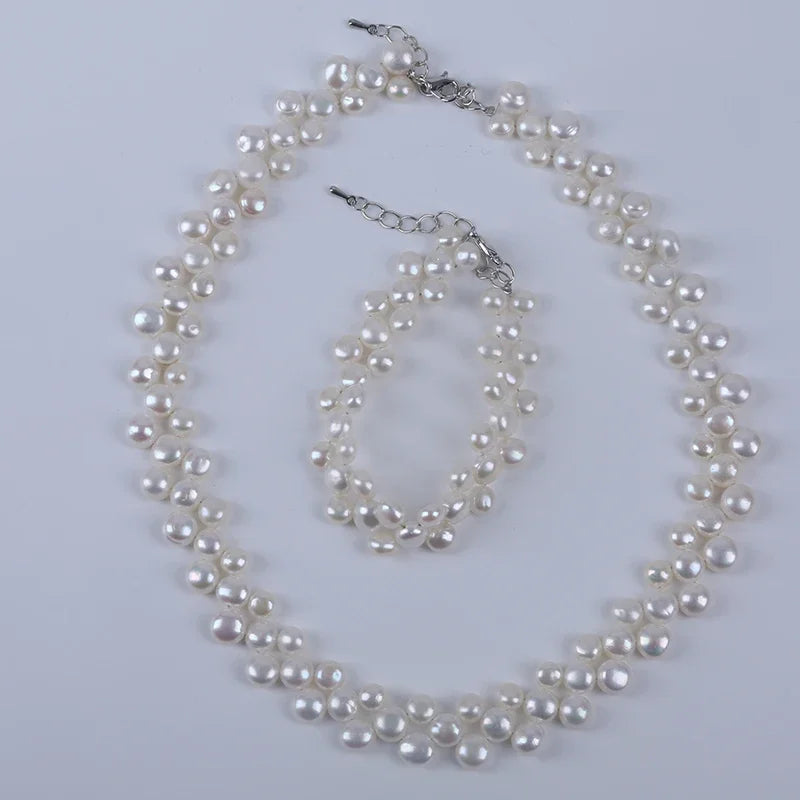 Bellissimi tre file 6-7-8mm bottone perle naturali coltivate perle d'acqua dolce collana braccialetto set regali set di gioielli di perle
