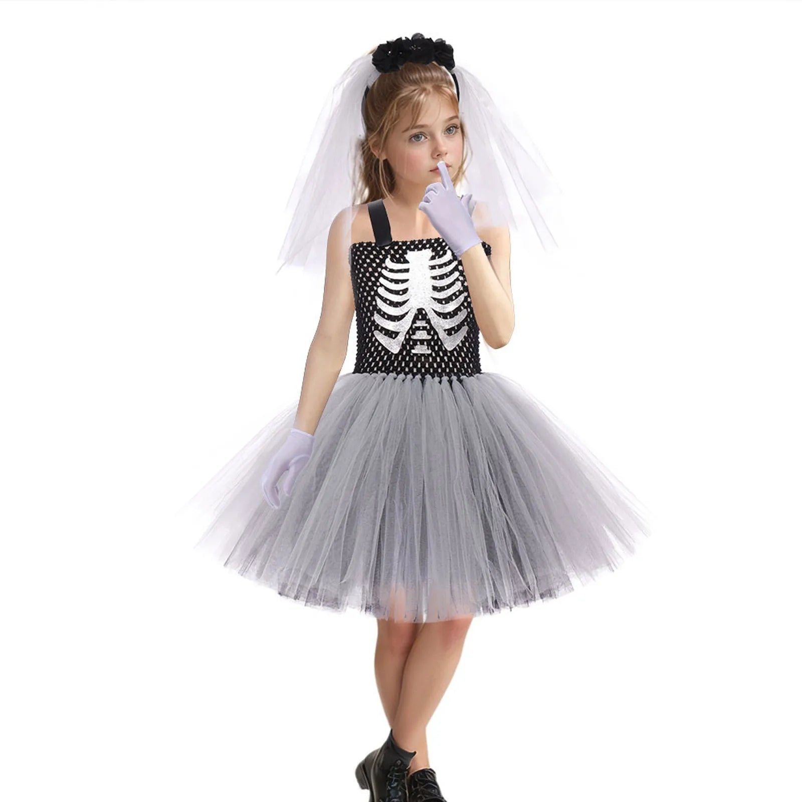 Costumi da terrore di Halloween per ragazze Abiti spaventosi da fantasma bianco nero Vestito da tutù fantasia scheletro di Halloween per bambini