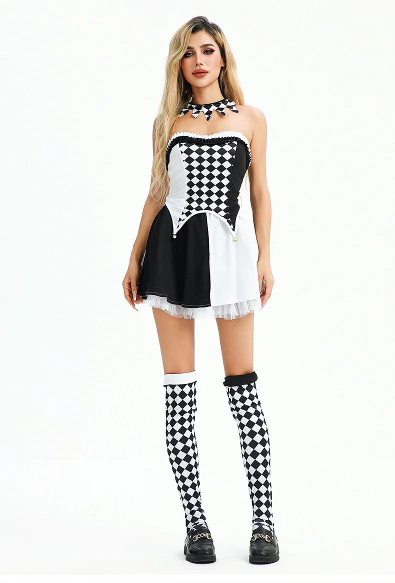 Costumi di Halloween Prestazioni del circo Pagliaccio Abiti da ragazza piccanti sexy per feste di carnevale di streghe a quadretti in bianco e nero