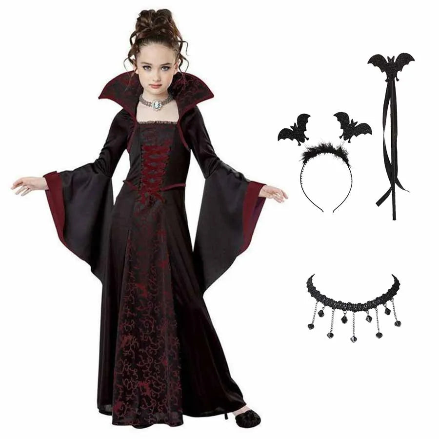 Costume di Halloween per bambini Costume da vampiro fantasy di Halloween Vestito lungo da tutu per ragazze Vestito da carnevale per bambini Abiti di piume gotiche