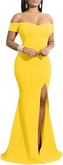 Abiti da sera فساتmaveramaveraة Abito da sera lungo formale con spacco alto e spalle scoperte da donna elegante