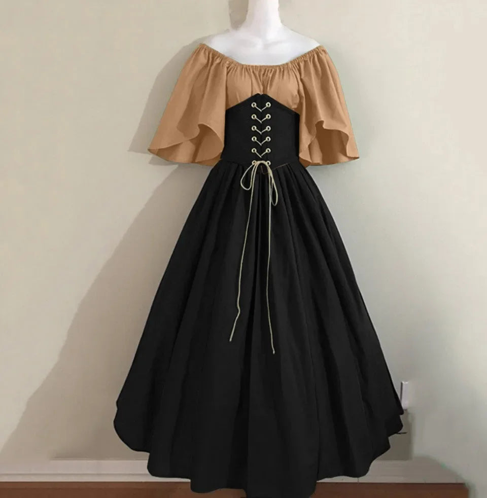 Costumi di Halloween per donna Abito scampanato sottile con colori a contrasto retrò medievale Abito con spalla con una sola parola Love Live Cosplay