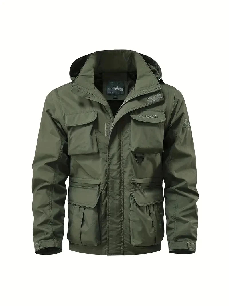 Giacca con cappuccio staccabile con maniche antivento adatta per attività all'aperto gilet multitasche impermeabile casual da uomo